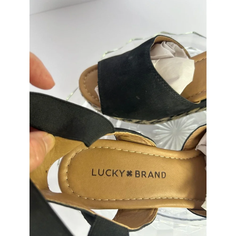Lucky Brand LK-Bettanie Black Suede Espadrille‎ Wedge Wrap Ankle Sandals